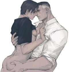 2boys absurdres ass batman black_hair black_shirt clothes_grab clothes_lift collared_shirt commentary dc_comics drooling grabbing_another's_ass grabbing_another's_shirt groping highres implied_kiss male_focus mature_male multicolored_hair multiple_boys pectorals shirt shirt_lift simple_background sitting sitting_on_person sunny_(mnbvjkuy) superman toned toned_male tongue tongue_out two-tone_hair untranslatable_commentary white_background white_hair white_shirt yaoi