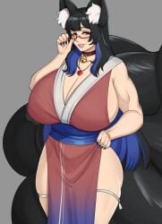 adjusting_eyewear art_moira bell black_hair blue_eyes blue_hair blue_sash breasts cleavage cowboy_shot fingernails fox_girl fox_tail glasses hand_on_own_hip heart heart_necklace huge_breasts japanese_clothes jewelry long_hair looking_at_viewer multicolored_hair multiple_tails nail_polish neck_bell necklace non-web_source pelvic_curtain sash sharp_fingernails smile standing tail thick_thighs thighs toned