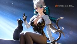 ai_generated animal_ears arm_support bow breasts cat_ears cat_girl cleavage closed_mouth collarbone facial_mark female gloves grey_hair hand_up large_breasts long_hair long_sleeves looking_at_viewer lynette_(genshin_impact) medium_breasts meitabuu purple_eyes sitting smile solo star_(symbol) star_facial_mark tail