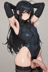 1boy 1femboy 2025 ai_generated armpits arms_up armwear balls belly big_penis black_stockings covered_navel crossdressing erect_nipples femboy femboy_pubic_hair feminine_male girly green_eyes hairy hairy_armpits half-erect leotard long_hair looking_at_viewer merxuv navel nipples nipples_visible_through_clothing penis pubic_hair simple_background standing stockings testicles thick_thighs thighs trap