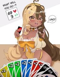 1girls ahoge bear_ears blush bow bowtie breasts cleavage english_text female indie_virtual_youtuber kuma_(valeriakumavt) large_breasts long_hair looking_at_viewer markiiedoodle open_mouth original strip_game two_tone_hair uno_card virtual_youtuber vtuber