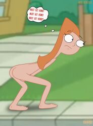 accurate_art_style artist_signature ass barefoot candace_flynn completely_nude completely_nude_female covering covering_crotch day embarrassed embarrassed_nude_female enf english_text feet female female_only hunched_over light-skinned_female light_skin long_hair naked orange_hair phineas_and_ferb public_nudity running solo solo_female streaking text the_wank_bank thought_bubble