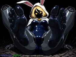 adventure_time ai_generated android barefoot blonde_hair bunny_ears dark_theme dungeon feet fionna_the_human_girl foot_fetish foot_focus gigatsu glowing_eyes pixel_art robot robot_girl seductive seductive_pose sole_female soles spread_legs toes