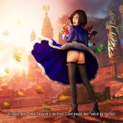 1girls ass assisted_exposure bioshock bioshock_infinite blue_eyes brown_hair bubble_ass bubble_butt drdabblur dress_lift elizabeth_comstock english_text female female_focus female_only going_commando looking_at_viewer looking_back no_panties skirt skirt_lift thighhighs upskirt wind_lift