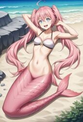 1girls ai_generated anime beach bikini_top female fish_girl mermaid mermaid_tail milim_nava monster_girl pink_hair pinup poptoonz scales solo tensei_shitara_slime_datta_ken
