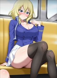 1girls ai_generated big_breasts blonde_hair blush breasts cleavage female girls_und_panzer large_breasts medium_hair oshida_(girls_und_panzer) sitting skirt solo stockings thighhighs train train_car train_interior