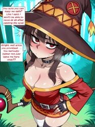 11_22 ai_generated black_choker blush choker cleavage comic dialogue embarrassed from_above hand_on_hip kono_subarashii_sekai_ni_shukufuku_wo! looking_at_viewer medium_breasts megumin speech_bubble staff sweat text
