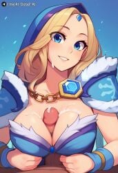1boy ai_dota_ai ai_generated artist_name blonde_hair blue_background blue_dress blue_eyes blue_hood blush breasts cleavage collarbone crystal_maiden cum cum_on_body cum_on_breasts dark-skinned_male dota_2 dress facial female fur_trim gem gradient_background grin hood hood_up jewelry large_breasts long_hair looking_at_viewer male paizuri paizuri_under_clothes parted_lips penis pov rylai_the_crystal_maiden smile solo_focus straight uncensored upper_body
