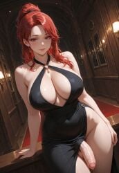 1futa ai_generated balls black_dress cleavage cum dress dutch_angle elegant evening_lady_(jamesbron) flaccid foreskin futa_only futanari halter_dress indoors intersex jamesbron large_breasts large_penis leaning_on_object long_hair looking_at_viewer navel no_panties penis ponytail precum precum_drip red_eyes red_hair smile solo solo_futa standing thick_thighs thighs uncircumcised veiny_penis wide_hips