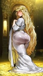 ai_generated blonde_hair elden_ring femboy huge_ass miquella miquella_the_kind posing smug underwear_visible_through_clothing wide_hips