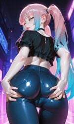 ai_generated anal_invitation ass_grab black_clothing black_topwear blue_eyes blue_hair bored_expression choker clothed crop_top ellinor_(plopendil) frilled_top from_behind half-closed_eyes jeans long_hair looking_at_viewer open_mouth original_character outdoors pale_skin pink_hair plopendil round_ass shiny_clothes shiny_skin short_sleeves spread_ass twintails