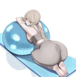 1girls ass barefoot big_ass big_breasts big_butt breasts curvy exercise_ball fat_ass female female_only grey_eyes grey_hair grey_pants grey_sports_bra hi_res highres laneigu large_ass large_breasts long_hair looking_at_viewer looking_back original original_character simple_background soles solo solo_female sports_bra sportswear thick voluptuous white_background yoga_pants