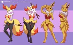 3_toes 5_fingers alanscampos alternate_version_at_source anthro anthrofied arms_above_head ass barefoot bikini black_body black_fur black_nose black_sclera bra braixen breasts canid canine cheek_tuft chest_tuft clothing digitigrade duo eeveelution eyelashes facial_tuft feet female fingers fur furry generation_1_pokemon generation_6_pokemon hands_behind_back hi_res inner_ear_fluff jolteon looking_at_viewer looking_back mammal multiple_images navel nintendo nipple_outline one_eye_closed open_mouth orange_eyes orange_nose panties patreon patreon_logo pinup pokemon pokemon_(species) pokemorph pose purple_eyes side_boob simple_background smile standing stick swimwear tail teeth text toes tongue tuft underwear url white_body white_fur wink yellow_body yellow_fur