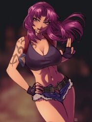 1girls artist_name artist_signature black_lagoon breasts cigarette cigarette_in_mouth clothed clothed_female clothing female fingerless_gloves gun gun_holster purple_eyes purple_hair revy rx-kun shorts smirk solo solo_female solo_focus tattoo tribal_tattoo