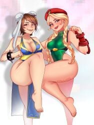 2girls big_ass big_breasts big_butt big_thighs big_titties breasts brown_hair cammy_white cammy_white_(cosplay) chun-li chun-li_(cosplay) clothing curvaceous curvaceous_female curvaceous_figure curvy curvy_figure curvy_hips feet female female_focus female_only long_hair looking_at_viewer short_hair street_fighter twintails yawuarts yellow_hair