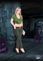 1girls belt blonde_female blonde_hair comic_page fully_clothed high_heels magictickler navel painted_nails slime slime_monster tagme