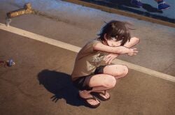 :d absurdres ahoge black_hair black_shorts body_freckles brown_shirt cat_baguette_(popopoka) cat_shadow_puppet_(meme) condom female food freckles highres meme original outdoors popopoka sandals shirt short_hair shorts smile solo_focus son_goku sophie_(popopoka) squatting
