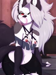 1girls 2019 2025 absurd_res anthro areola breasts bubble_gum canid canid_demon canine canis cum cum_on_body cum_on_breasts cum_on_chest demon digital_media_(artwork) eyebrows eyelashes female hair hellhound helluva_boss hi_res horny horny_female loona_(helluva_boss) mammal midriff navel nipples rainbowscreen red_sclera solo vivienne_medrano white_hair wolf
