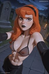 abs ai_generated bebezenta black_lips blush blush_stickers brown_eyes candles cemetery covered_nipples daphne_blake daphne_blake_(scoob) eyeliner fog from_above goth gothic_lolita graveyard hair_between_eyes hairband long_hair makeup masterpiece medium_breasts micro_bikini night orange_hair outdoors perky_breasts pose puffy_nipples scooby-doo see-through_clothes see-through_clothing selfie skinny skirt teenager thick_thighs tombstones warner_bros warner_brothers