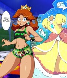 ben_10 childish_bra childish_panties floating_clothes imsomethingradical magic mario_(series) nintendo omnitrix princess_daisy print_bra print_panties spongebob_reference undressed