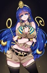1girls big_breasts blue_eyes blue_hair boob_window breasts clothed_female fossilized_wonders long_hair michigami_nareko raptor7 shorts smile solo solo_female thick_thighs thighhighs thighs touhou