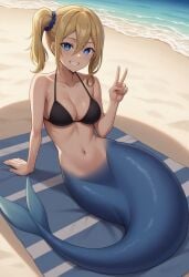 1girls ai_generated anime beach big_breasts bikini_top female fish_girl hayasaka_ai kaguya-sama_wa_kokurasetai_~tensai-tachi_no_renai_zunousen~ mermaid mermaid_tail midriff monster_girl pinup poptoonz scales solo