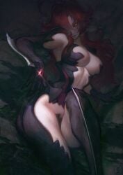 antenna_hair armpit_peek belly black_sclera breasts cleavage collarbone colored_sclera cowboy_shot facial_markings female hair_between_eyes huge_breasts long_hair masane_amaha mature_female natthelich navel parted_lips plump red_hair revealing_clothes solo_female thick_eyebrows witchblade yellow_eyes