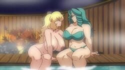 animated blonde_female blue_eyes_female breast_squish fatal_fury fatal_fury:_legend_of_the_hungry_wolf feet_in_water green_bikini green_eyes_female hair_curl hot_spring huge_breasts kissing_while_hugging leaning_forward lesbian_couple lesbian_kiss lily_mcguire long_hair_female looking_seductive lueduar lueduartv mary_(star_wars_(marvel_1977)) nipples nude_female_clothed_female partially_clothed_female removing_bikini_top snk star_wars_(marvel_1977) star_wars_legends steam strip_tease surprised tagme video yuri
