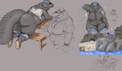 alligator alligatorid amelia_(doctordj) anthro ass baseball_cap bathing belly big_breasts big_butt big_tail bodily_fluids bottomwear breasts clothed clothing crocodilian doctordj dominant dominant_female duo face_in_breasts female hat headgear headwear hi_res human larger_anthro male mammal nipples nude overweight reptile scalie shorts size_difference skimpy smaller_human sweat tail