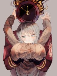 1boy 1other ambiguous_gender arms_up black_gloves blue_eyes breasts brown_sweater cg clock closed_mouth coat cute cute_clock cute_couple cute_creature cute_eyes cute_face cute_male dante_(limbus_company) egopasta faust_(limbus_company) female fire gloves grabbing grabbing_another's_breast grey_hair large_breasts limbus_company long_sleeves male marshmallow object_head project_moon red_coat red_jacket red_sweater ribbed_sweater short_hair simple_background straight sweater turtleneck_sweater upper_body white_background white_hair