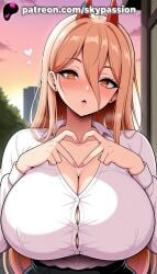 1girls 2025 ai_assisted ai_generated anime artist_name blonde_hair blush breast breasts bust button_gap chainsaw_man chest cityscape cleavage clothed_female cloud earrings eyebrows_visible_through_hair eyes_visible_through_hair female female_focus female_only giant_breasts hair_between_eyes heart heavy_breasts hi_res high_quality high_resolution highres huge_boobs huge_breasts jewelry long_hair looking_at_viewer massive_boobs massive_breasts mole mole_under_eye nail_polish patreon patreon_username power_(chainsaw_man) sky skypassion stable_diffusion sunset tree twilight watermark yellow_eyes