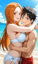 ai_generated artist_request beach big_ass big_breasts bikini bikini_top black_hair bleach clothing crossover curvy curvy_female female inoue_orihime male monkey_d_luffy muscular muscular_male one_piece oral pale-skinned_female pale_skin thick_thighs