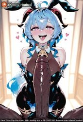 ahoge ai_generated asmutcriminal bangs bare_shoulders blue_hair blurry blurry_background blush breasts cleavage curtains dark-skinned_male dark_skin depth_of_field erection eyebrows_visible_through_hair female ganyu_(genshin_impact) genshin_impact half-closed_eyes heart heart-shaped_pupils horns huge_cock indoors long_hair motion_blur open_mouth penis purple_eyes saliva smile solo_focus straight sweat symbol-shaped_pupils tagme tongue tongue_out window