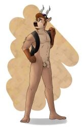 2025 antlers backpack balls bare_chest barefoot beard circumcised circumcision_scar deer digital_drawing_(artwork) digital_media_(artwork) eyewear eyewear_on_head facial_hair feet full-length_portrait fur furry gearfox98 genital_scar genitals green_eyes hair hector_(gearfox98) hi_res horn male mammal pecs penis portrait scar solo sunglasses sunglasses_on_head