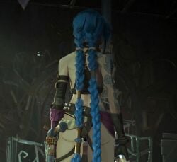 1girls arcane arcane_jinx ass ass_focus blue_hair cheeks edit edited_official_artwork female gun_holster jinx_(league_of_legends) league_of_legends netflix punk_girl riot_games sexy slutty_clothes tattoo tattoo_on_arm tattooed_arm tattoos thong