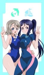 ass blue_eyes blush breasts covered_navel hug large_breasts love_live! love_live!_sunshine!! matsuura_kanan navel ponytail short_hair smile thighs watanabe_you