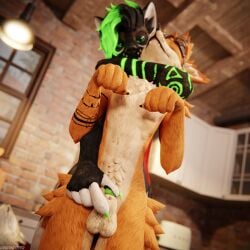 1:1 3d_(artwork) 4k absurd_res animal_genitalia animal_penis anthro anthro_on_anthro arm_around_neck balls biped black_body black_fur blender_(artwork) blender_cycles brown_body brown_fur canid canine canine_genitalia canine_penis canis claws clothing depth_of_field digital_media_(artwork) dominant dragonplayer duo fox fur furniture genitals green_body green_fur grey_body grey_fur hair hand_on_sheath helltouchedfox hi_res holding_another inside kitchen knot male male/male mammal multicolored_body nude penis reflection rexouium rolen sheath slim slim_anthro slim_male slim_sub smile standing standing_behind submissive submissive_male tail tan_body tan_fur teasing teeth white_body white_fur