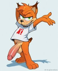 ai_generated anthro av-10 balls bobcat bubsy clothing felid feline genitals green_eyes humanoid_genitalia humanoid_penis long_penis looking_at_viewer lynx male mammal penis pose presenting sharp_teeth shirt simple_background solo standing teeth topwear