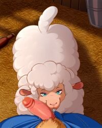 2025 4:5 ambiguous_gender anthro bedroom_eyes blue_eyes bodily_fluids bovid caprine cum cum_on_face duo female female/ambiguous feral first_person_view fur genital_fluids genitals hi_res imminent_oral lonbluewolf looking_at_viewer male male/female mammal narrowed_eyes penis seductive sheep white_body white_fur white_wool wool_(fur)