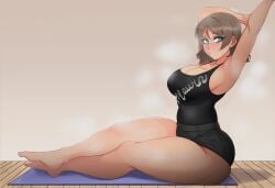 armpits ass blue_eyes breasts brown_hair cleavage female grey_hair led103 looking_at_viewer love_live! love_live!_sunshine!! short_hair sitting solo steam thighs watanabe_you
