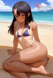 1girls 2d ai_generated areolae ass back bare_shoulders beach big_ass bikini bikini_pull black_hair blue_bikini blue_eyes brown_eyes competition_swimsuit dark_skin dark_skinned_female day erophoenix female female_focus full_body hairclip hayase_nagatoro jewelry long_hair looking_at_viewer ocean one-piece_swimsuit one-piece_tan outdoors patreon_username please_don't_bully_me,_nagatoro pointy_ears sitting skin_fang sky small_breasts smile solo swimsuit tan tan_body tan_lines tanline thick thick_thighs uncensored