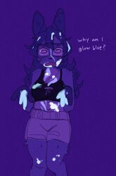 2024 anthro blacklight blue_ears blue_eyebrows blue_hair bodily_fluids bottomwear breasts canid canine canis clothed clothed_anthro clothed_female clothing countershading cum cum_stain cute_fangs digital_media_(artwork) domestic_dog english_text eyebrow_through_hair eyebrows fangs female female_anthro fingers front_view fur genital_fluids hair handwritten_text hi_res long_hair mammal midriff mini_(puppy_in_space) navel open_mouth portrait puppy_in_space shorts simple_background sleeveless_clothing solo teeth text three-quarter_portrait translucent translucent_hair white_sclera wide_eyed