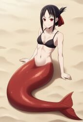 1girls ai_generated anime beach female kaguya-sama_wa_kokurasetai_~tensai-tachi_no_renai_zunousen~ mermaid mermaid_tail pinup poptoonz red_eyes scales shinomiya_kaguya solo
