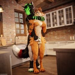 1:1 3d_(artwork) 4k absurd_res animal_genitalia animal_penis anthro anthro_on_anthro arm_around_neck balls biped black_body black_fur blender_(artwork) blender_cycles brown_body brown_fur canid canine canine_genitalia canine_penis canis claws clothing depth_of_field digital_media_(artwork) dominant dragonplayer duo fox fur furniture genitals green_body green_fur grey_body grey_fur hair hand_on_sheath helltouchedfox hi_res holding_another inside kitchen knot male male/male mammal multicolored_body nude penis reflection rexouium rolen sheath slim slim_anthro slim_male slim_sub smile standing standing_behind submissive submissive_male tail tan_body tan_fur teasing teeth white_body white_fur