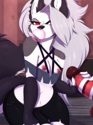 1girls 2019 2025 absurd_res anthro areola breasts bubble_gum canid canid_demon canine canis demon digital_media_(artwork) eyebrows eyelashes female hair handjob hellhound helluva_boss hi_res loona_(helluva_boss) mammal midriff navel nipples penis rainbowscreen red_sclera stroking vivienne_medrano white_hair wolf