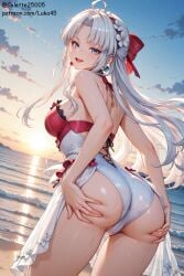 ai_generated ass ass_focus beach breasts carlotta_(wuthering_waves) curvy_ass curvy_body curvy_female daytime embarrassed_female female female_focus grabbing_ass long_hair looking_at_viewer luka45 medium_breasts one_piece_swimsuit patreon patreon_reward patreon_url patreon_username smile smiling smiling_at_viewer swimsuit twitter_username wet wet_body white_hair wuthering_waves