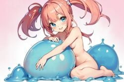 ai_generated blue_eyes cute demon_lord female happy milim_nava nude nude_female pink_hair slime slime_monster slimy small_breasts