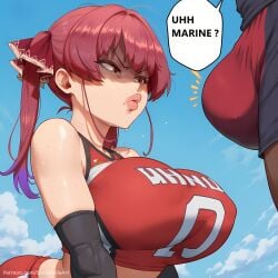 1boy ai_generated bangs bare_shoulders blue_sky blush breasts busty caption cheating cloud comic comic_page commission day dialogue english_text female fit hair_ribbon heterochromia hololive houshou_marine huge_breasts indie_virtual_youtuber interracial large_breasts netorare paizuri patreon patreon_url patreon_username red_hair ribbon sinderellaart sky solo_focus straight sweat text text_bubble thick thick_legs thick_thighs tied_hair toned_female tongue_out virtual_youtuber volleyball volleyball_uniform voluptuous vtuber yellow_eyes youtube youtuber