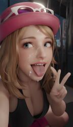 1girls 3d 3d_(artwork) 3d_animation ai_generated animated blonde_hair blue_eyes breasts cleavage cum cum_on_face evilschizo999 facial female hat light-skinned_female looking_at_viewer nintendo no_sound peace_sign pokemon pokemon_xy selfie serena_(pokemon) solo tagme talk talking talking_to_viewer tongue_out v_sign video