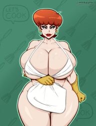 1girls apron apron_only big_breasts cartoon_network dexter's_laboratory dexter's_mom female huge_breasts light-skinned_female light_skin looking_at_viewer mature mature_female milf mother neitrosity red_hair thick_thighs voluptuous voluptuous_female